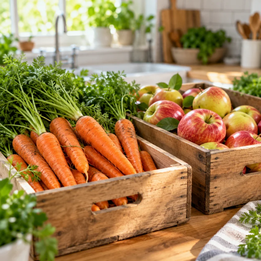 Crates of organic carrots and apples ready for juicing in a home kitchen