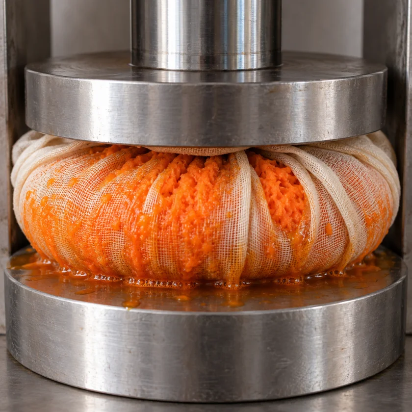 Pressing cloth filled with ground carrots inside an unbranded hydraulic press