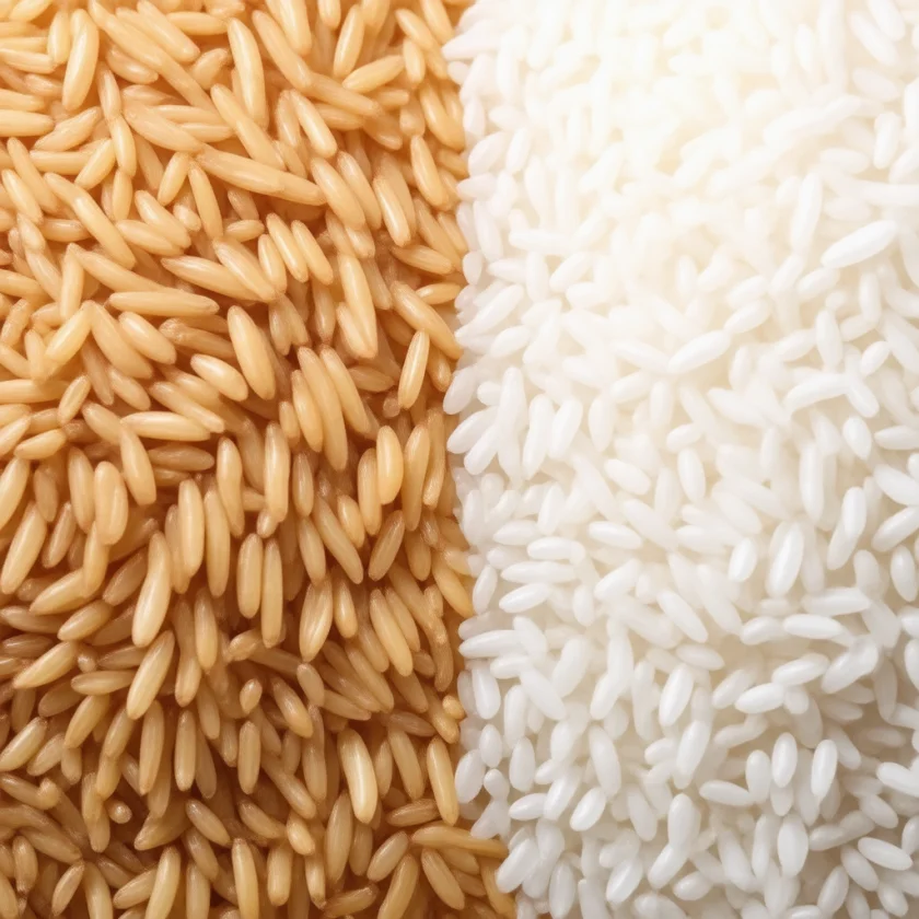 Brown rice beside polished white rice