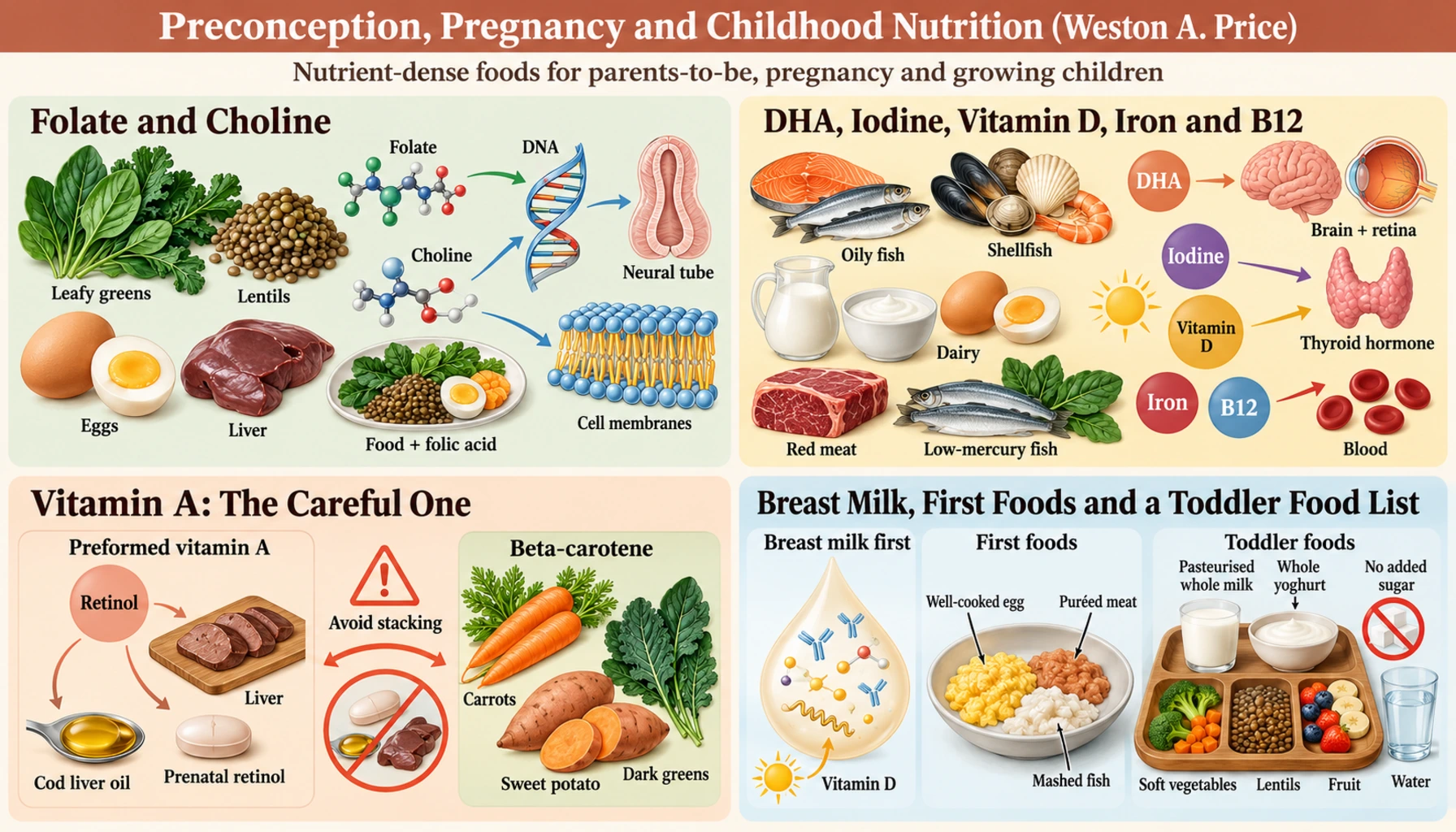 Preconception, Pregnancy and Childhood Nutrition (Weston A. Price) — scientific infographic poster