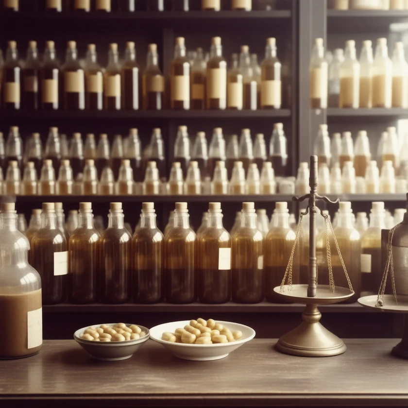 Vitamin E capsules in a 1940s pharmacy setting