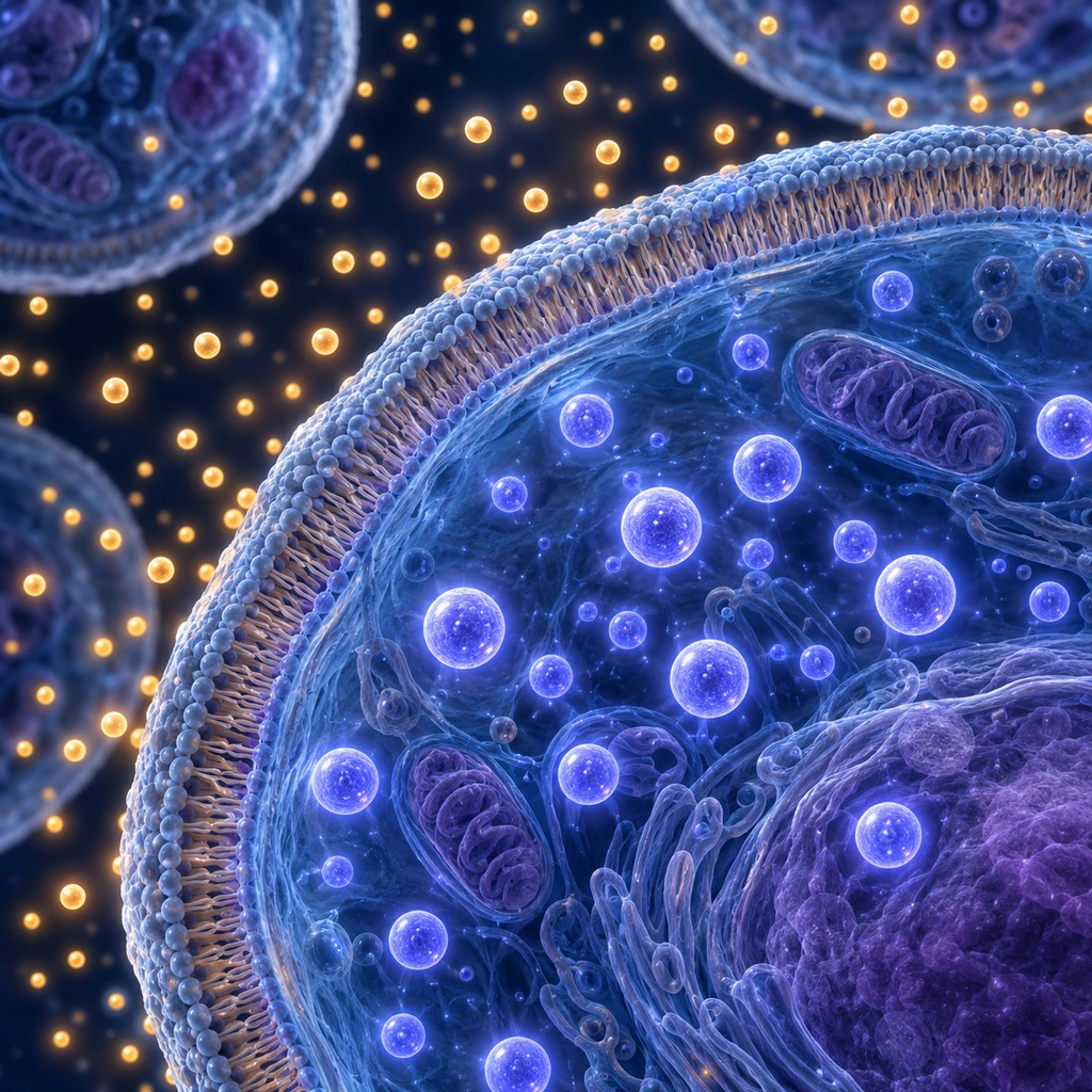 Microscopic view of human cells with glowing potassium ions inside and sodium ions outside the membrane