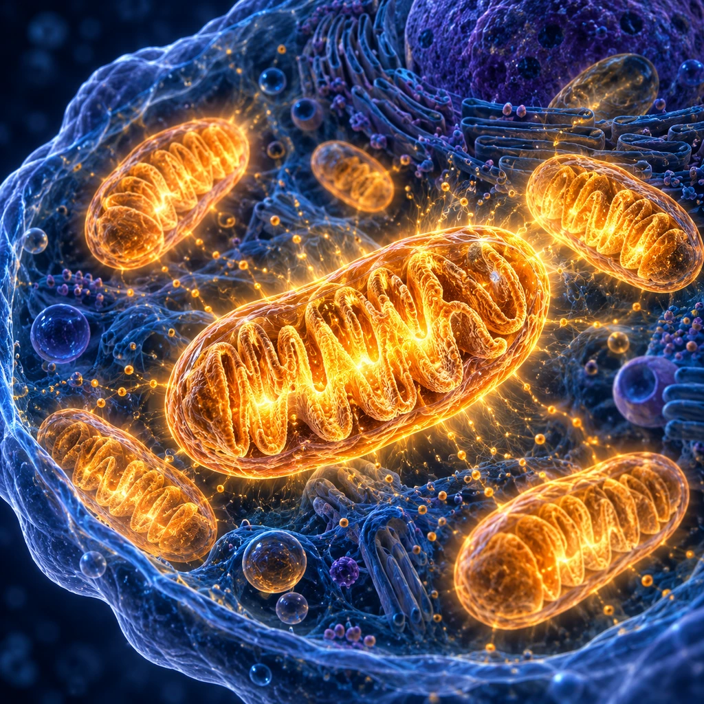 Mitochondria glowing amber inside a cell, energy radiating