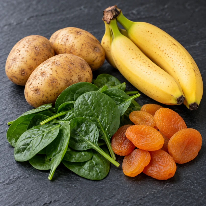 Potatoes, spinach, bananas and dried apricots arranged on slate