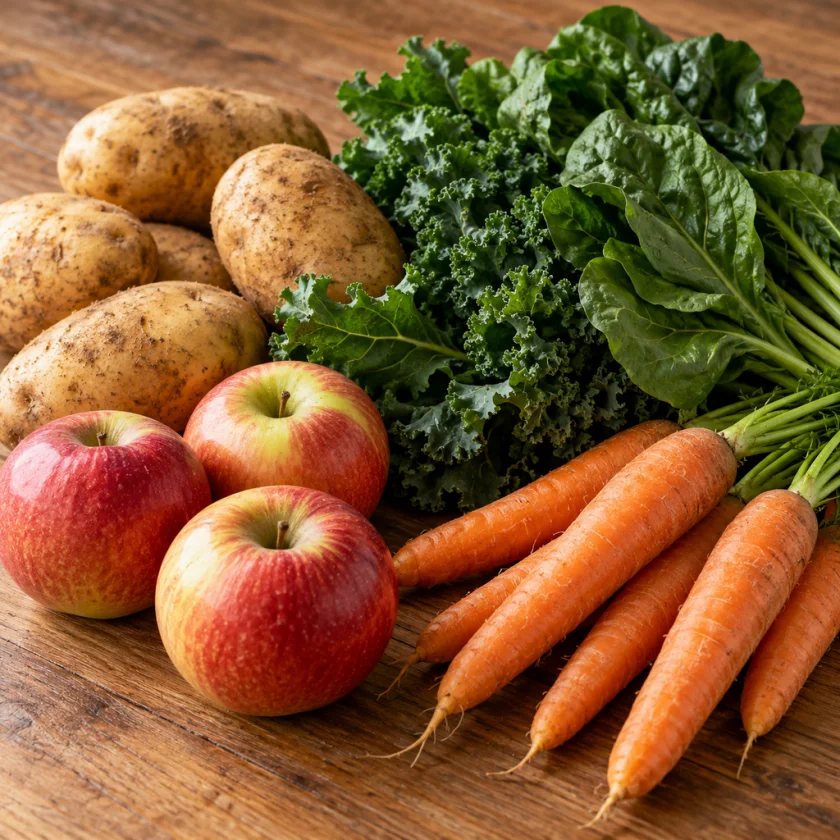High-potassium produce (potatoes, leafy greens, apples, carrots) on wooden table