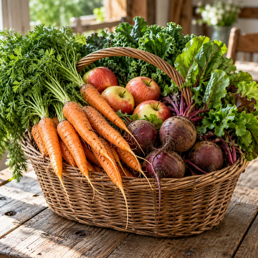 Overflowing basket of organic carrots, apples, beets and leafy greens on a farmhouse table