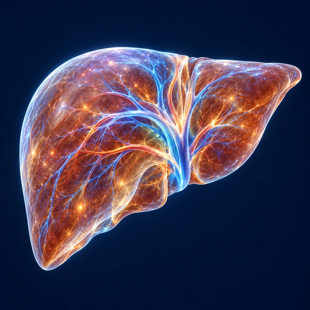 A glowing translucent human liver with streams of light flowing through it