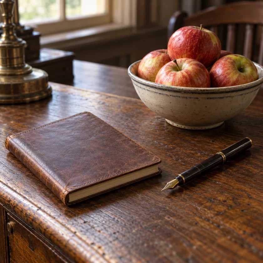 Early-twentieth-century physician's desk with an old fountain pen, leather notebook and a bowl of apples
