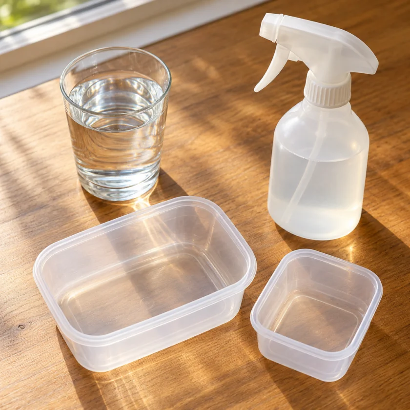 Flat-lay of everyday exposures (glass of tap water, sprayer, plastic containers) no people