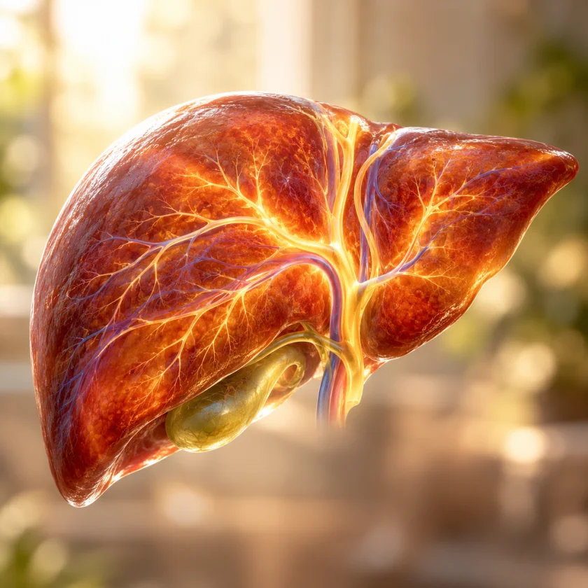 Abstract scientific visualization of liver with glowing pathways