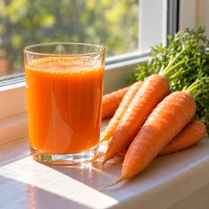 Fresh carrot juice in a glass beside whole carrots on a sunny windowsill