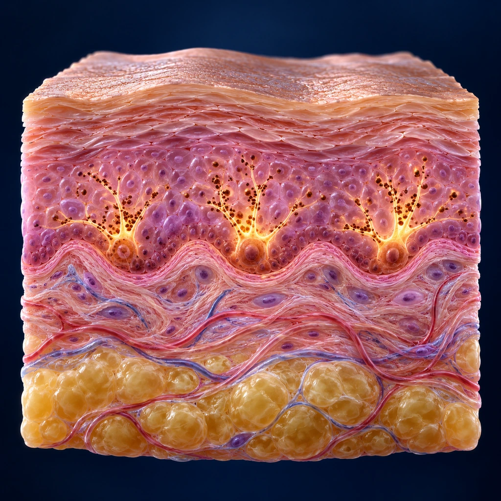 Skin cross-section showing layers and pigment cells glowing softly
