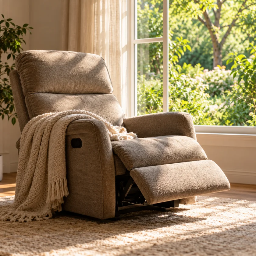 Quiet sunlit room with an empty reclining chair, a soft blanket and a window onto green garden