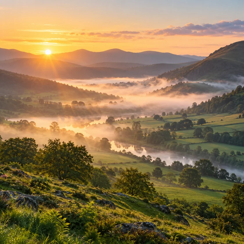 Sunrise over a calm green valley with mist lifting