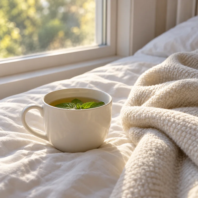 Cup of peppermint tea and a light blanket on a bed by a window
