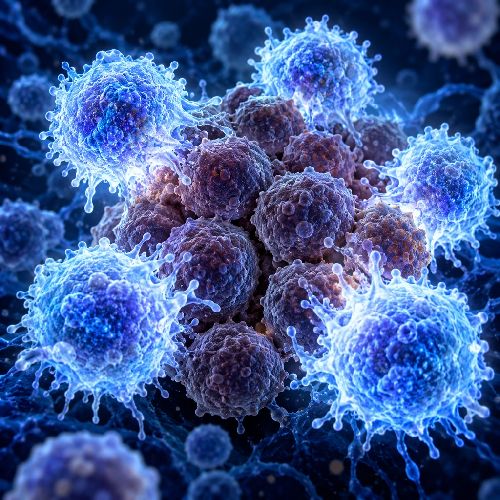 Immune cells glowing as they gather around a dim cluster of cells