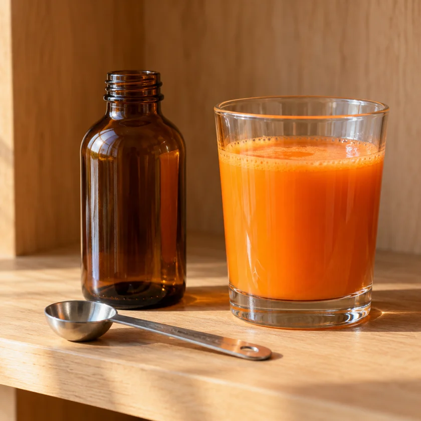 Plain amber glass bottle and measuring teaspoon beside a glass of carrot-apple juice on a pantry shelf