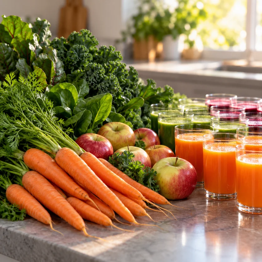 Kitchen counter piled with organic carrots, greens and apples beside rows of juice glasses