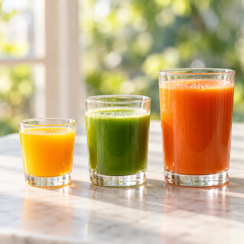 Row of small glasses of orange, green and carrot-apple juice arranged from small to large on a light table