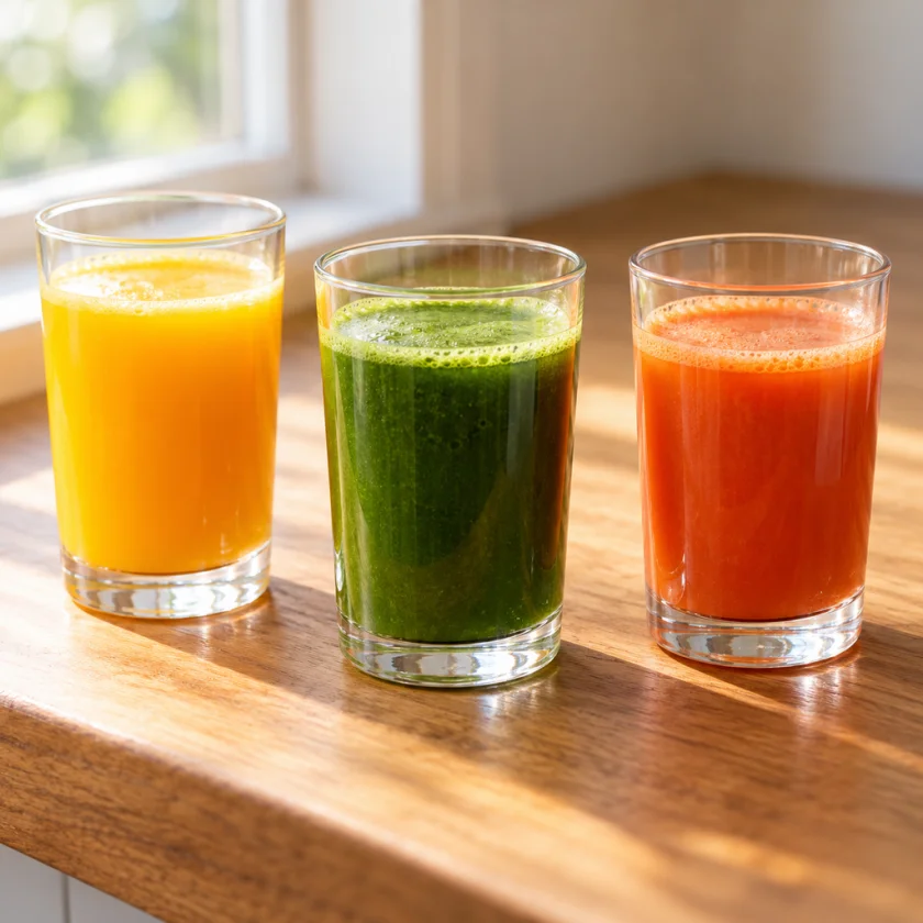 Three glasses of orange, green-leaf and apple-carrot juice on a wooden counter