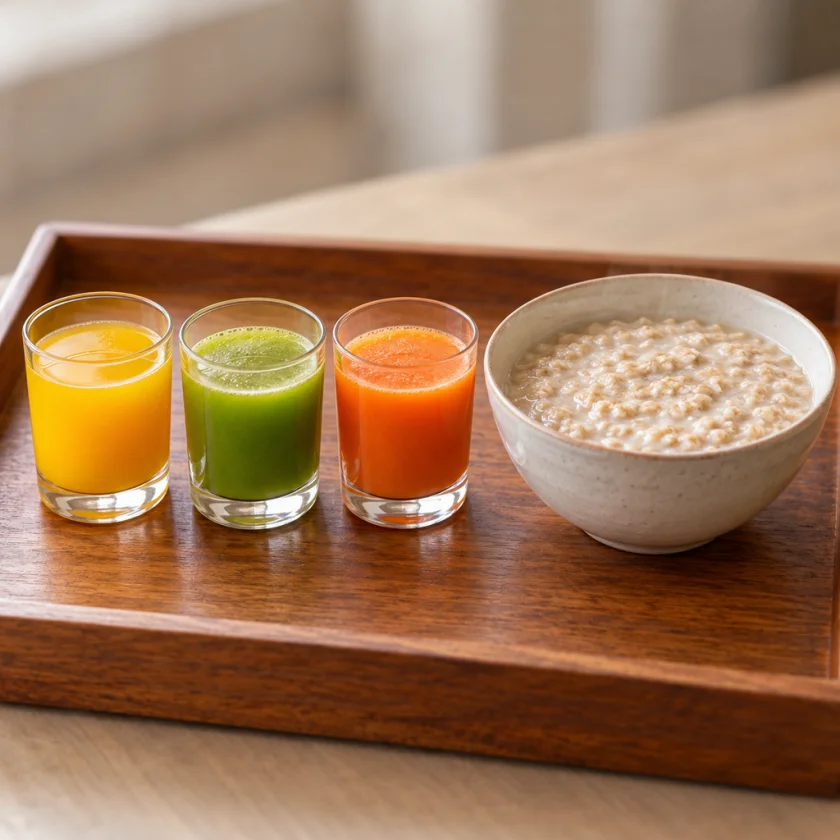 Row of small glasses of orange, green and carrot juice beside a bowl of warm oatmeal gruel on a tray