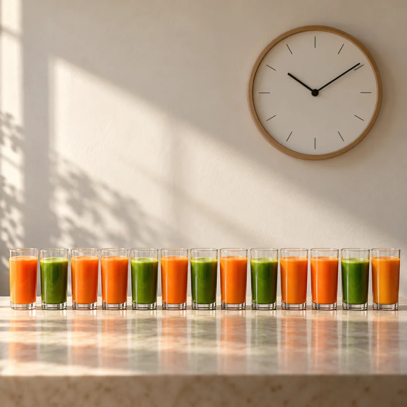 Thirteen glasses of orange carrot-apple and green juice lined up beside a plain wall clock
