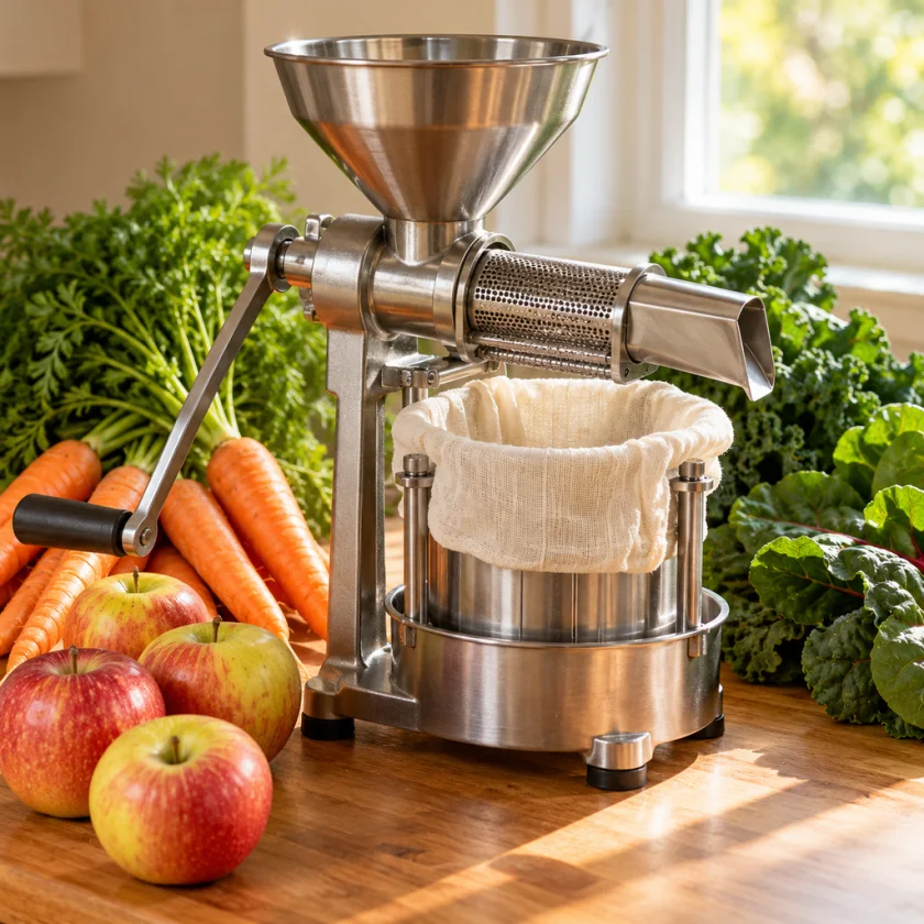 Unbranded stainless grinder-and-press juicer with a pressing cloth and fresh carrots, apples and greens