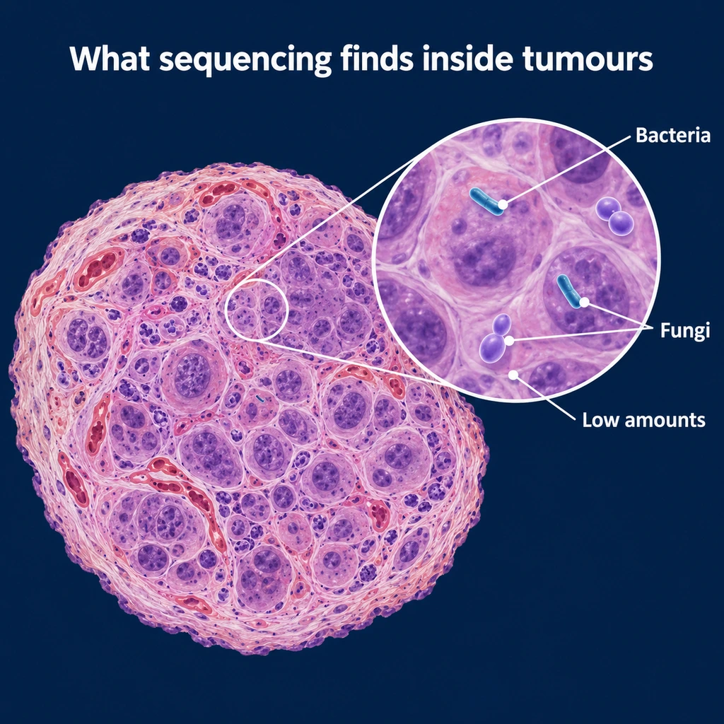 Infographic of tumour tissue with a magnified inset showing sparse bacteria and yeast cells