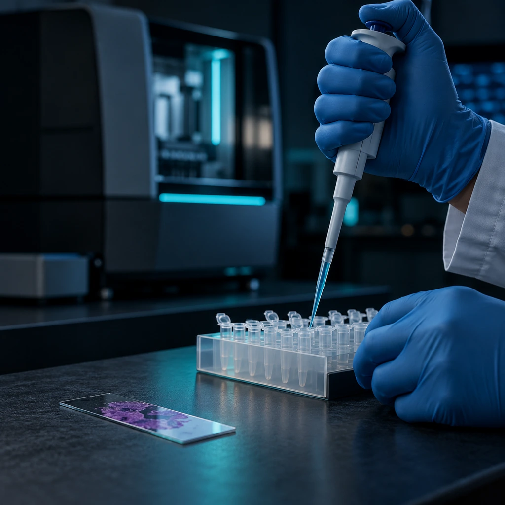 Gloved hands pipetting tumour samples into tubes beside a sequencing instrument in a laboratory