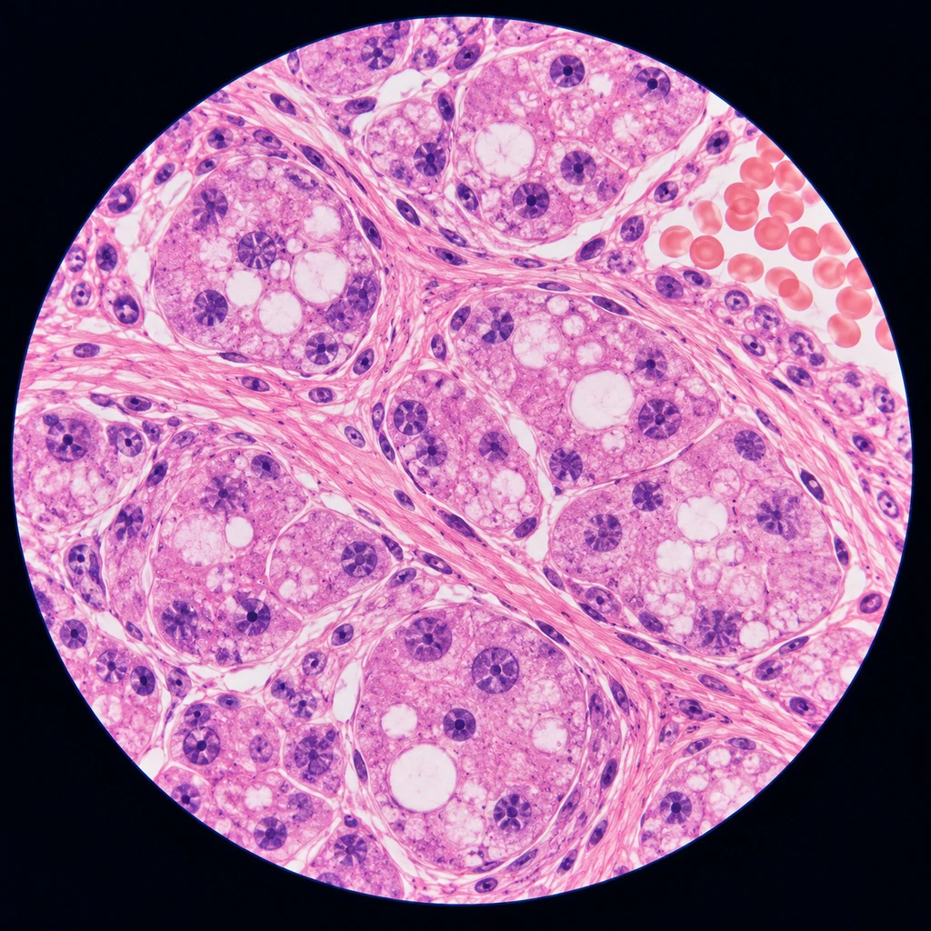 Stained tissue under a microscope showing cells, clear vacuoles and red blood cells