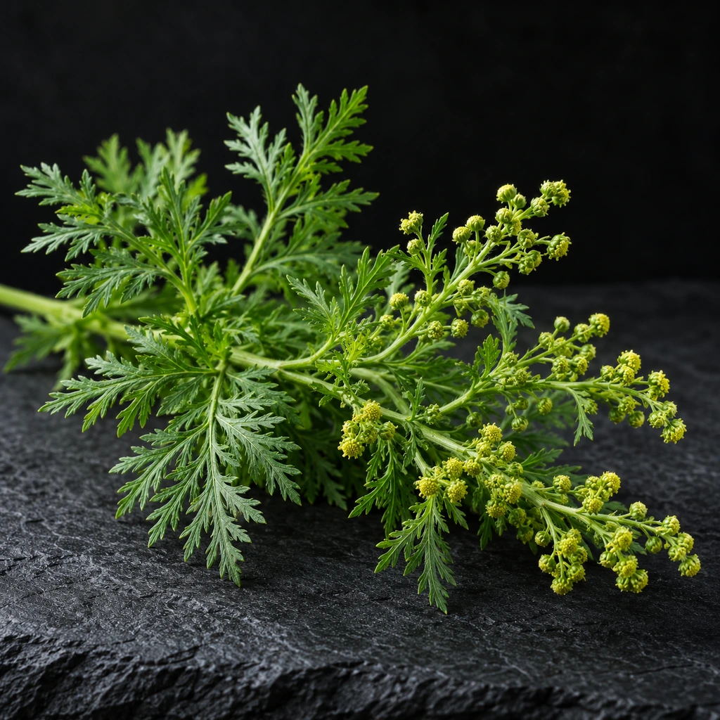 Feathery green sprig of sweet wormwood with tiny yellow-green flower heads on a dark slate surface