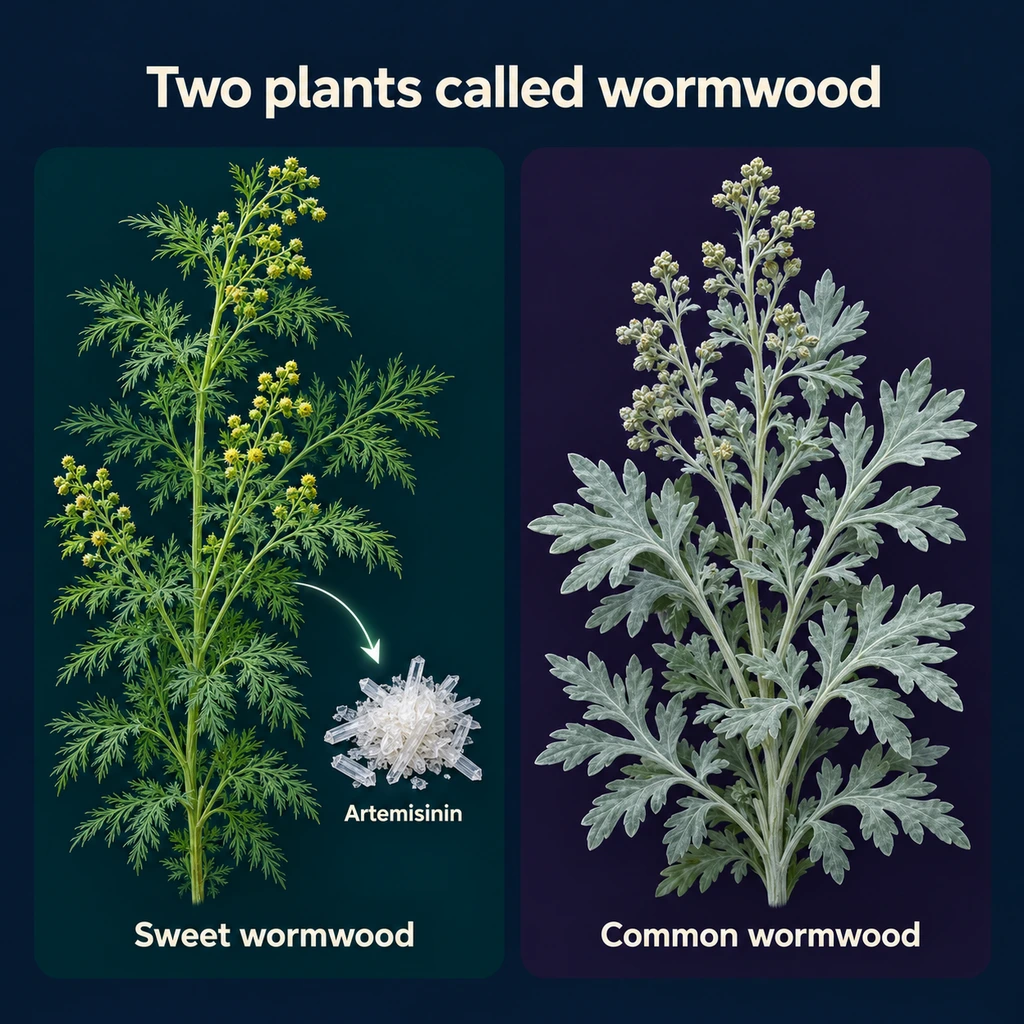 Infographic contrasting sweet wormwood, the source of artemisinin, with common wormwood