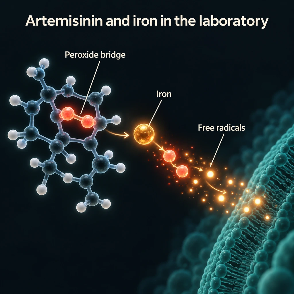 Infographic of the artemisinin peroxide bridge reacting with iron to release free radicals