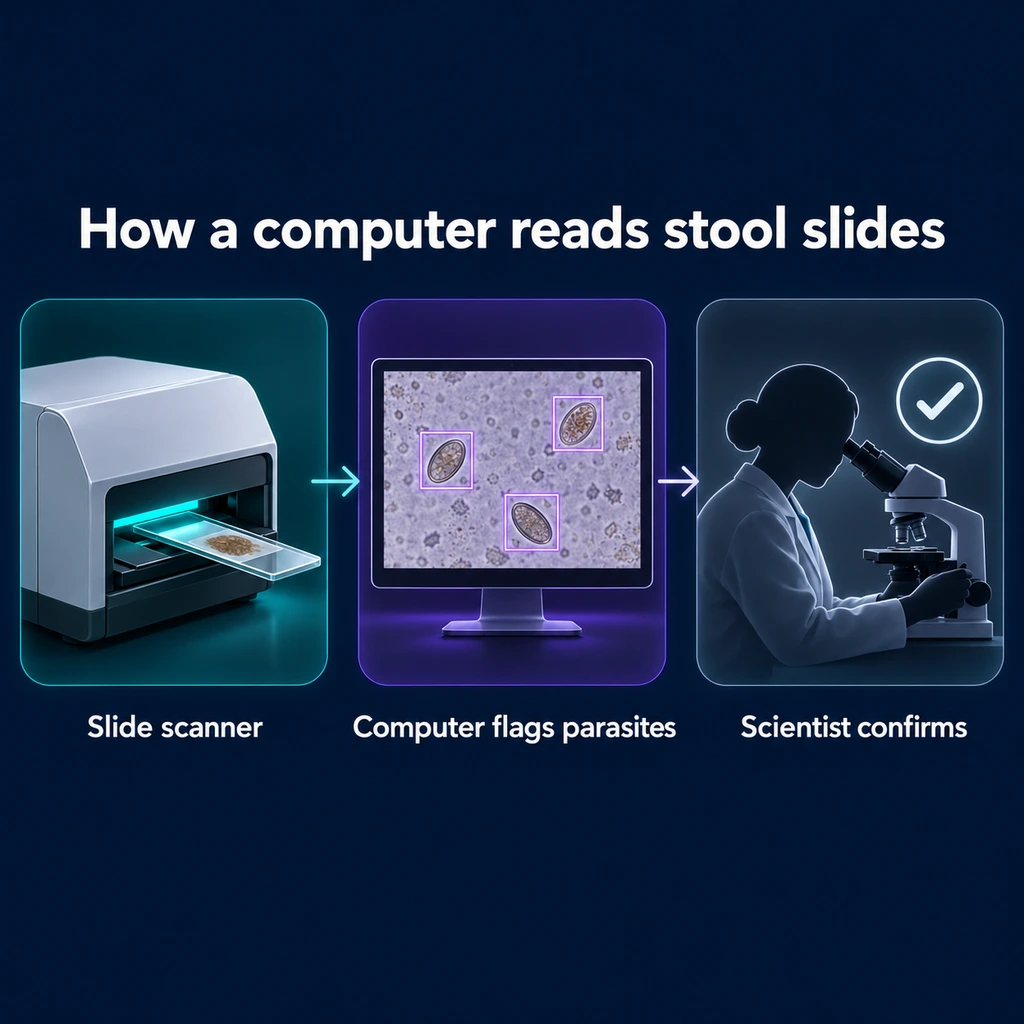 Three-step infographic: slide scanner, computer flags parasites, scientist confirms