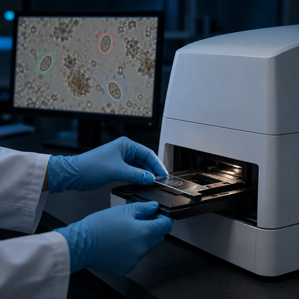 Gloved hands loading a microscope slide into a laboratory slide scanner