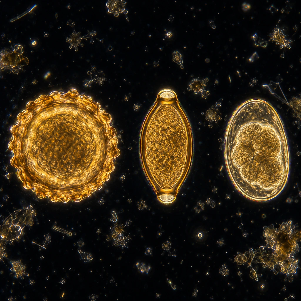 Microscope view of Ascaris, whipworm and hookworm eggs in a stool sample