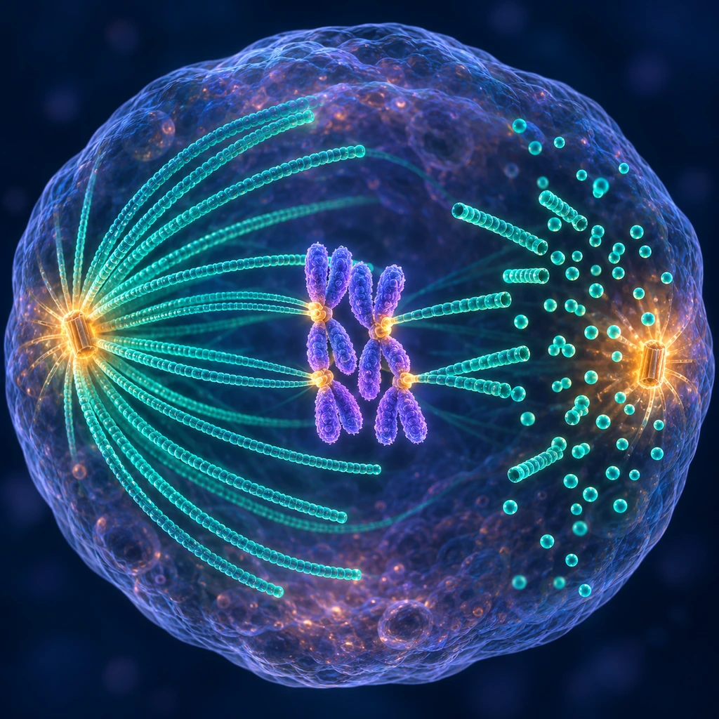 Illustration of a dividing cell whose microtubule spindle is breaking apart into loose tubulin units