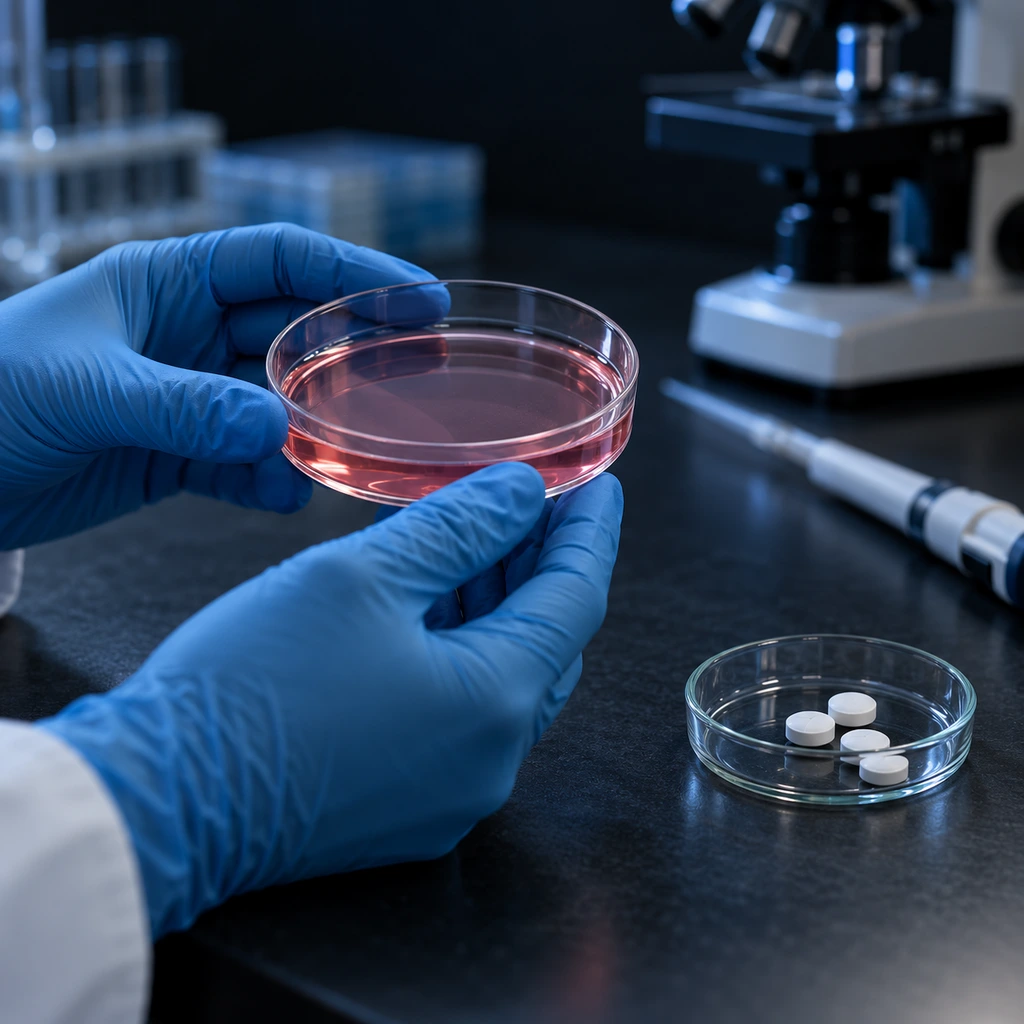 Gloved hands holding a cell culture dish beside plain white tablets on a laboratory bench