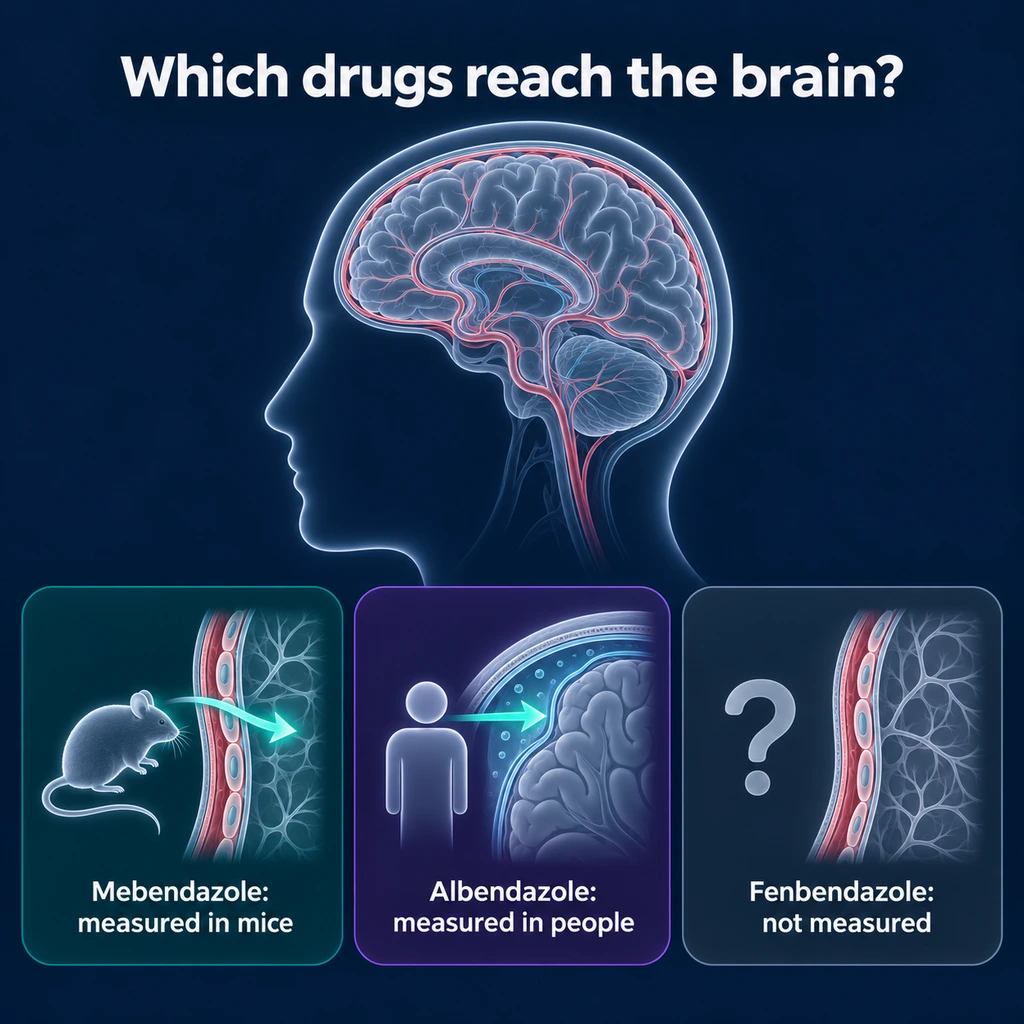 Infographic comparing brain entry: mebendazole measured in mice, albendazole in people, fenbendazole not measured