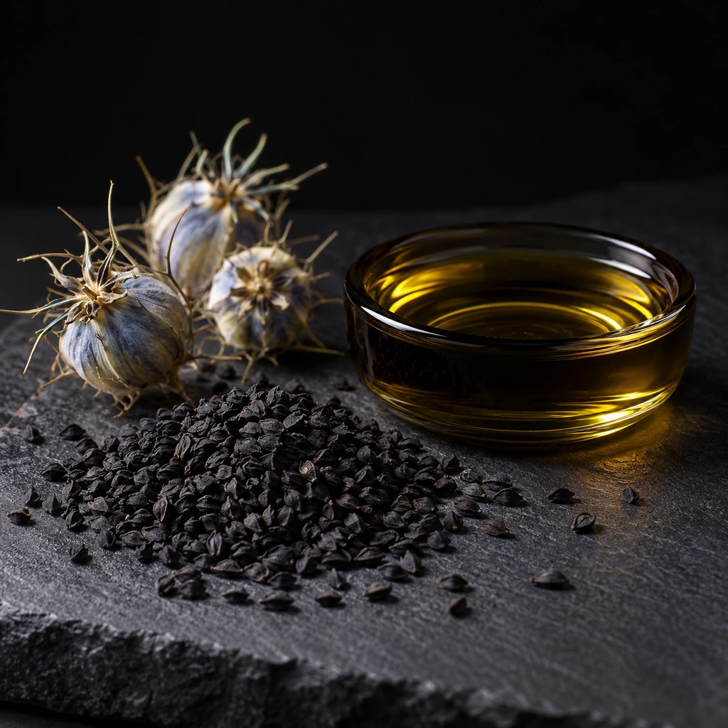 Black Nigella sativa seeds and a dish of golden seed oil on dark slate