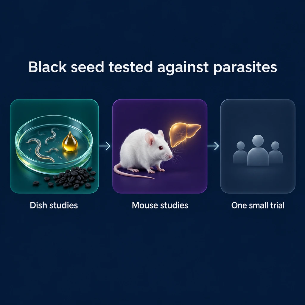 Three-step infographic: dish studies, mouse studies, one small human trial of black seed against parasites