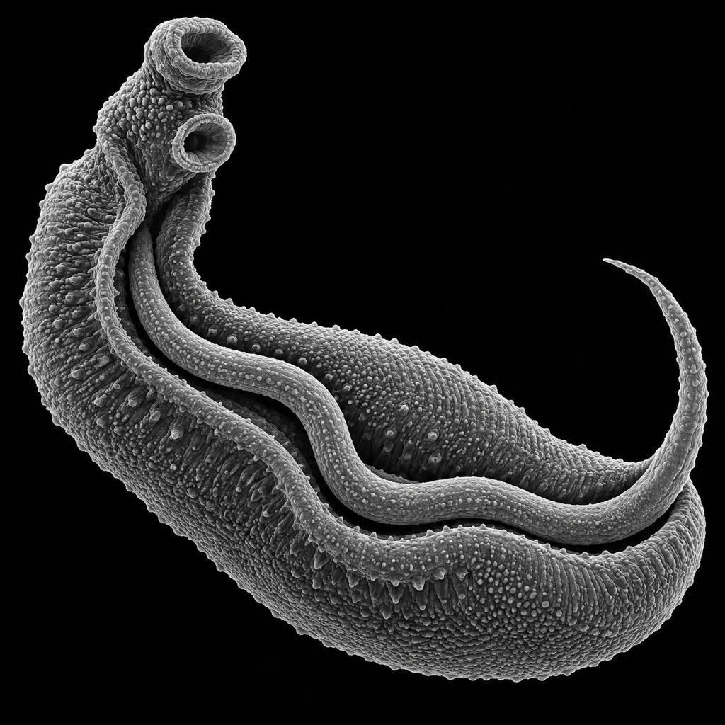 Electron-micrograph-style image of a male and female Schistosoma mansoni blood fluke pair