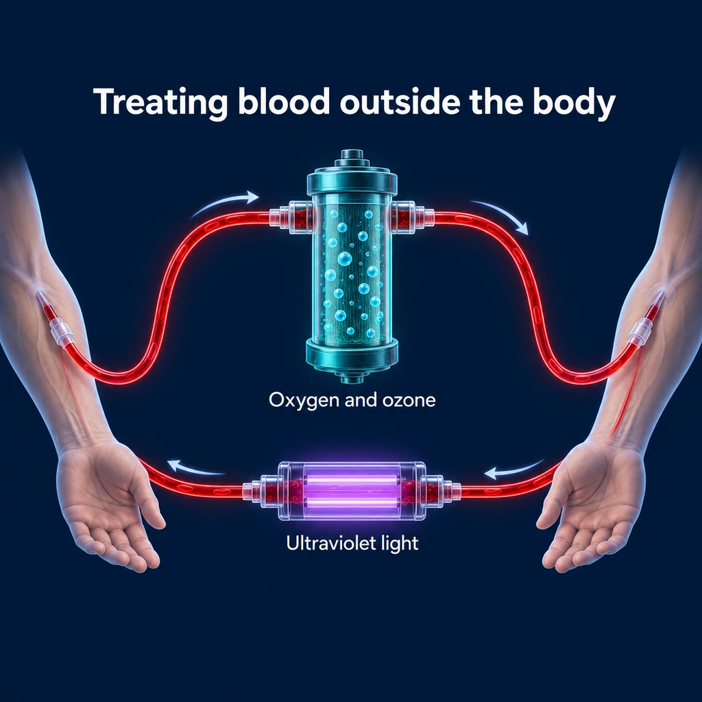 Diagram of blood flowing from an arm through an ozone filter and ultraviolet chamber back to the other arm