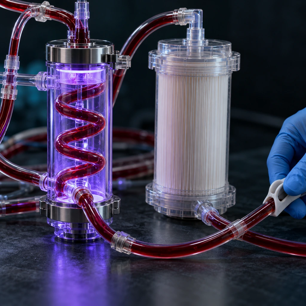 Blood-filled tubing passing through a violet-lit clear chamber beside a filter cartridge on a dark bench