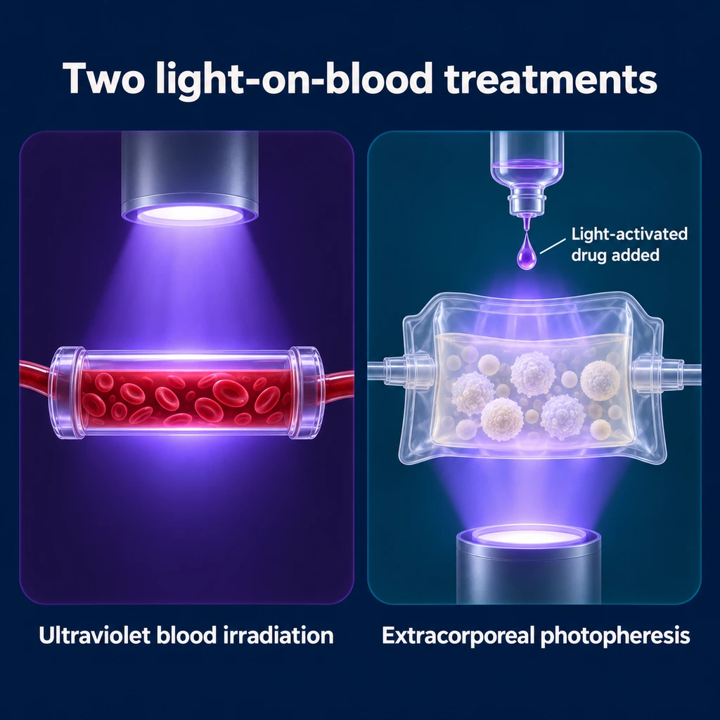 Two panels comparing ultraviolet blood irradiation with photopheresis, which adds a light-activated drug