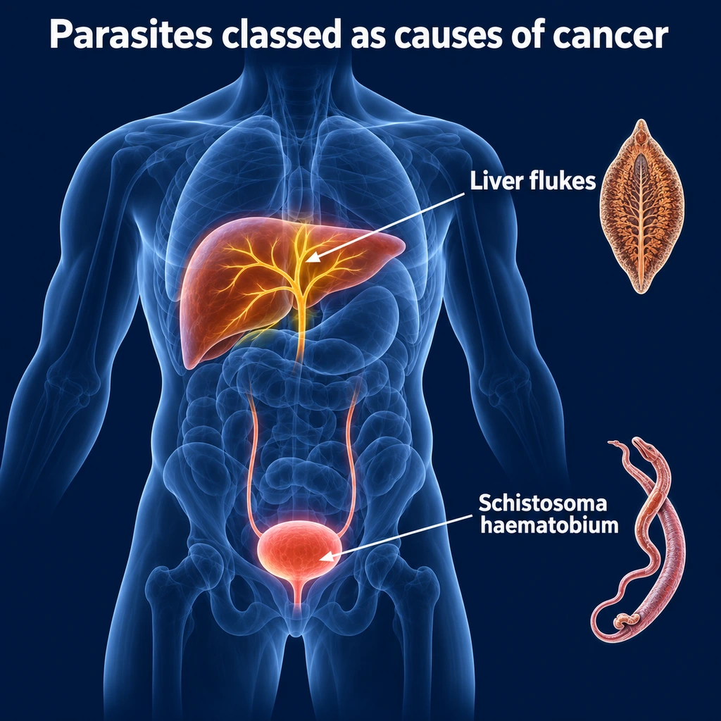 Torso illustration highlighting the bile ducts and bladder, with liver flukes and Schistosoma haematobium labelled