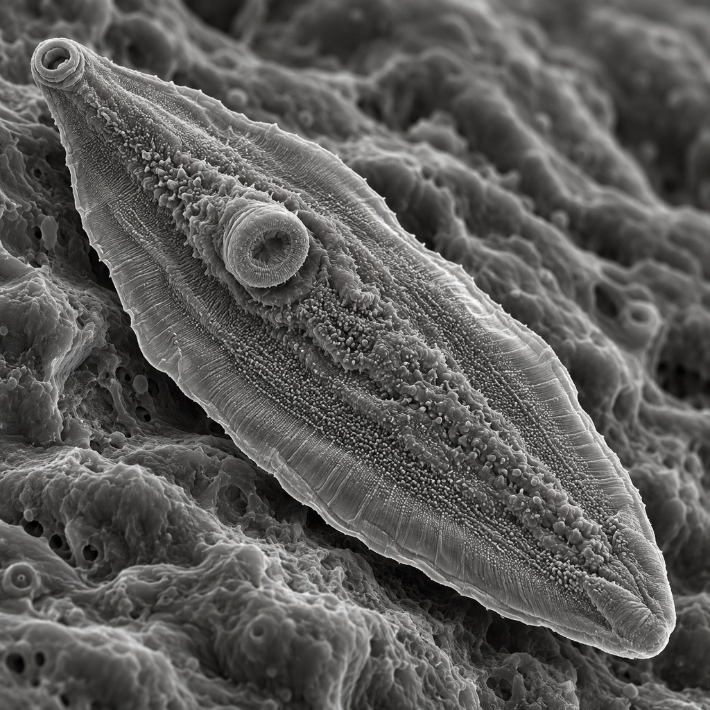Electron-micrograph-style image of a leaf-shaped liver fluke with its two suckers