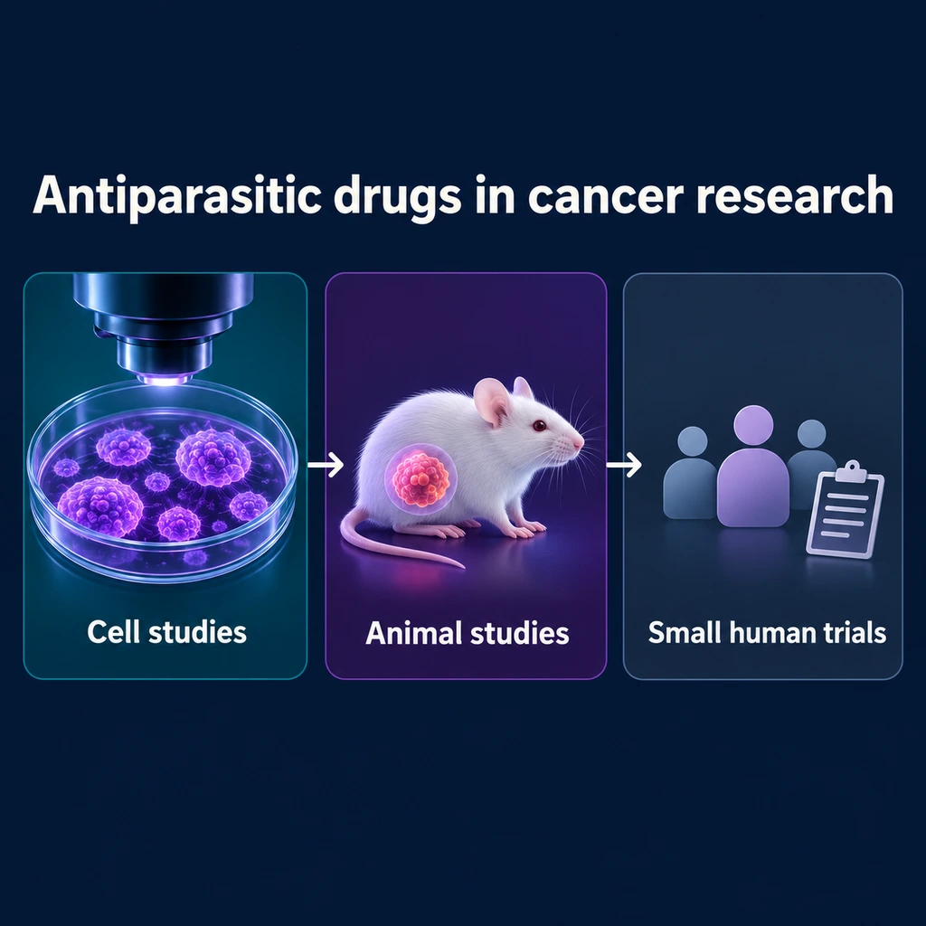 Three-step infographic: cell studies, animal studies, small human trials of antiparasitic drugs in cancer
