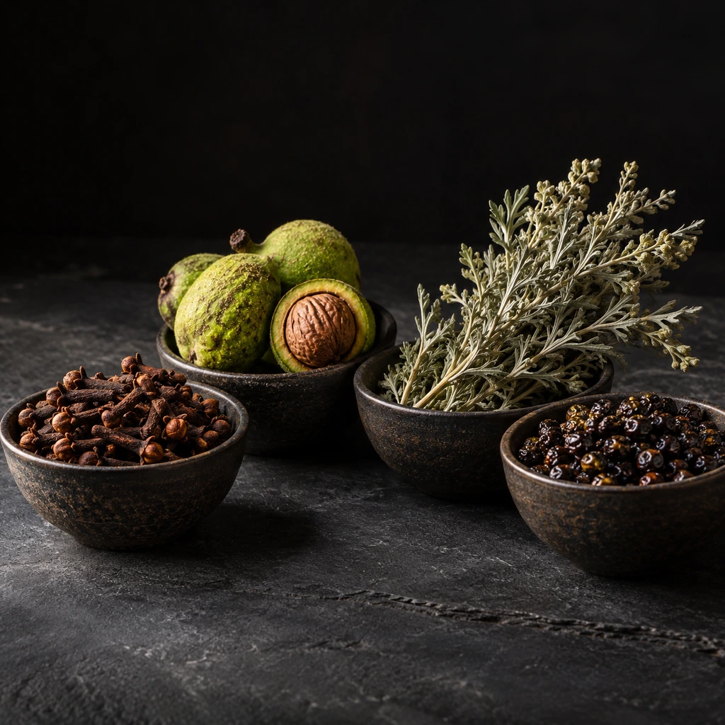 Bowls of cloves, black walnut fruits, dried wormwood and papaya seeds on dark slate