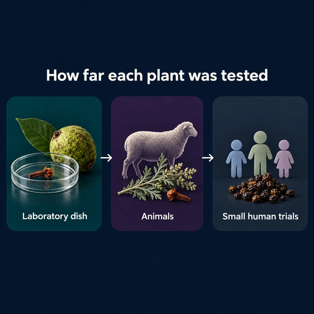 Three-step infographic placing the four plants at laboratory, animal and small human trial stages